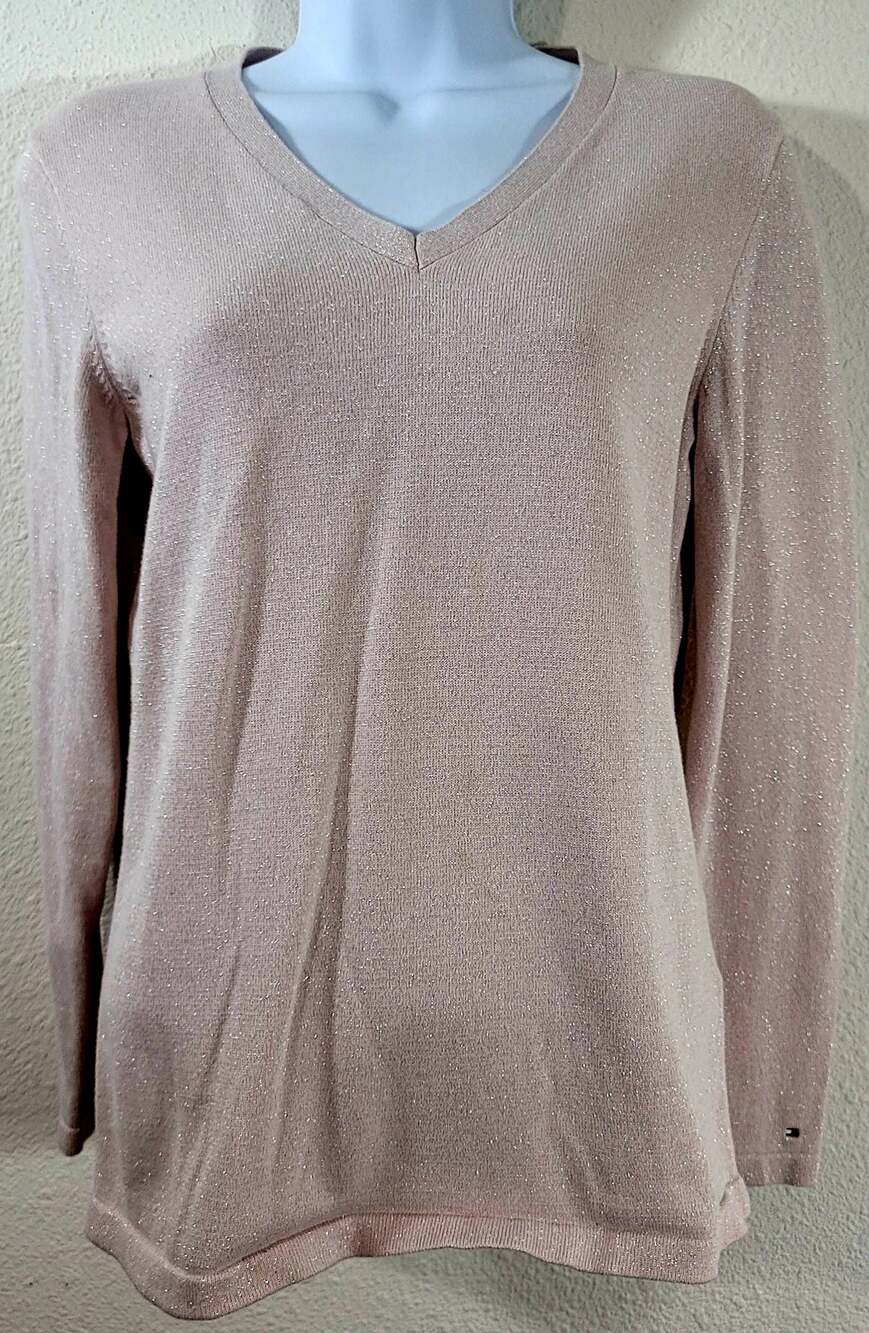 Tommy Hilfiger Pink Silver Sparkly V Neck Long Sleeve Top Medium Lightweigt Soft